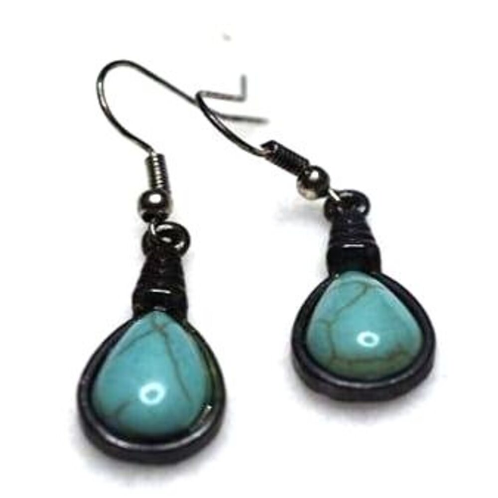 Vintage Southwestern Turquoise Black Metal Dangle Drop Hook Trendy Earrings